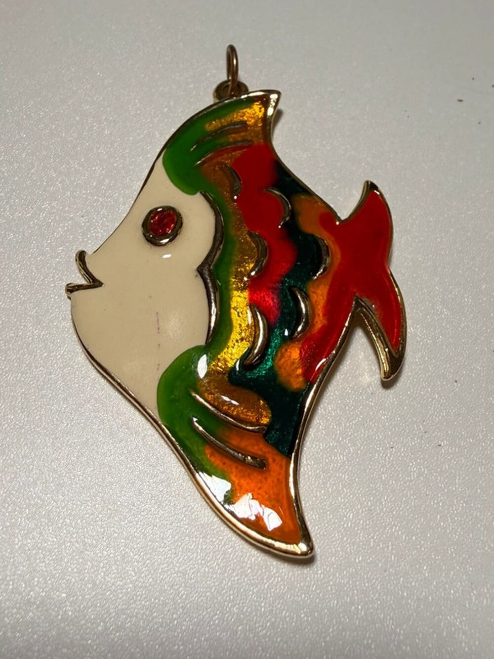 Vintage large colorful enamel angel fish pendant 3”